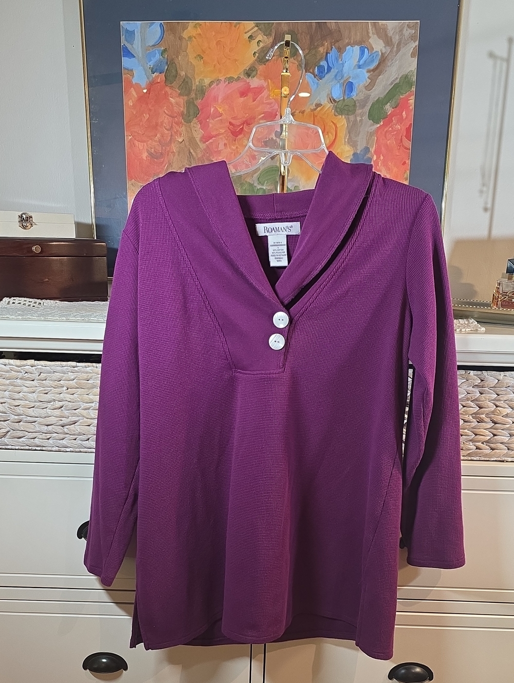 Roaman's Purple Shawl-Collar Button Pullover